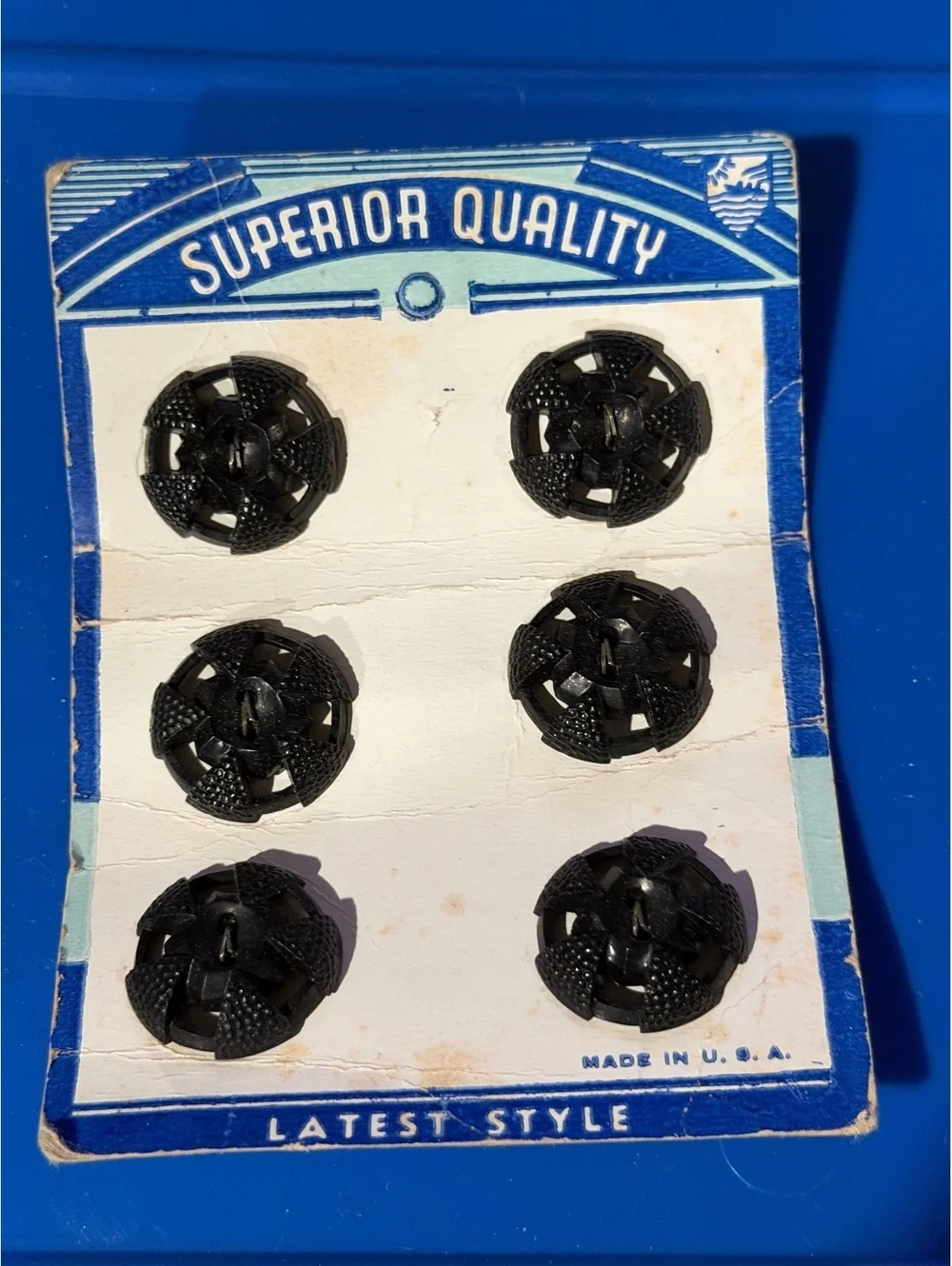 Vintage Set of 6 Black Decorative Buttons on Original Card -